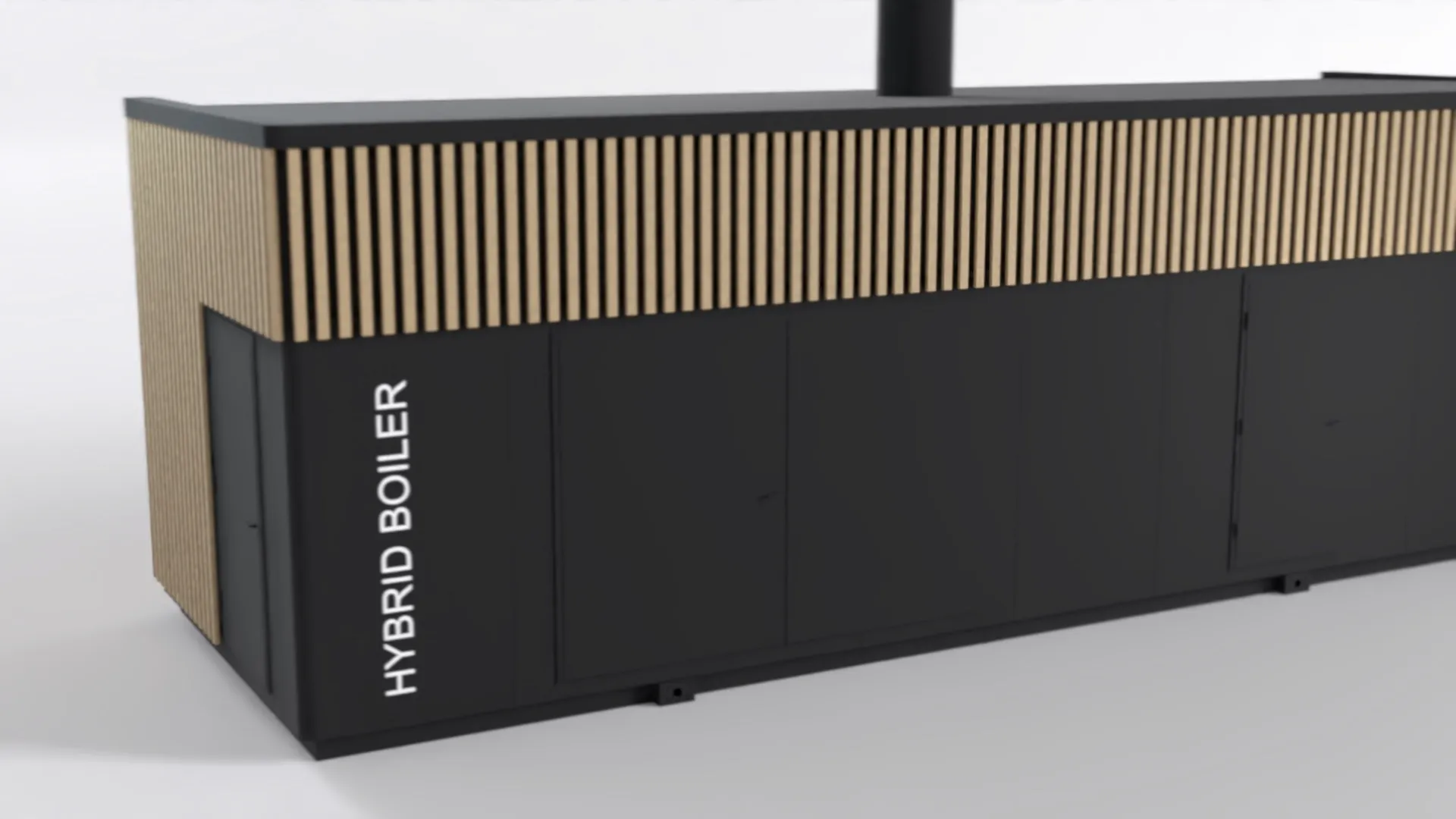 The Hybrid Boiler container: black steel with a timber-clad upper band and a stack on the roof
